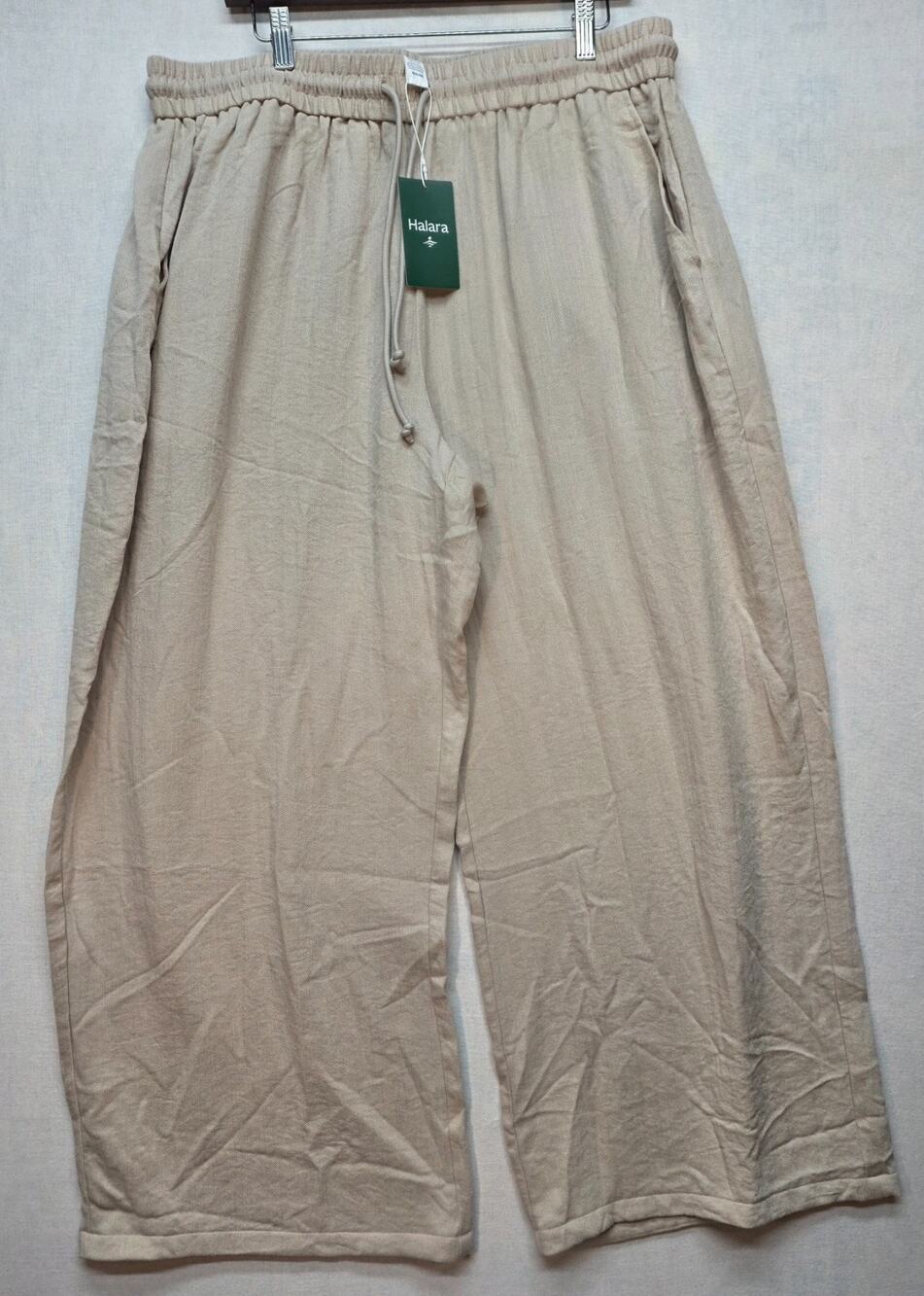 NWT Halara High Waisted Wide Leg Linen-Feel Pants Beige Drawstring Pockets 1X